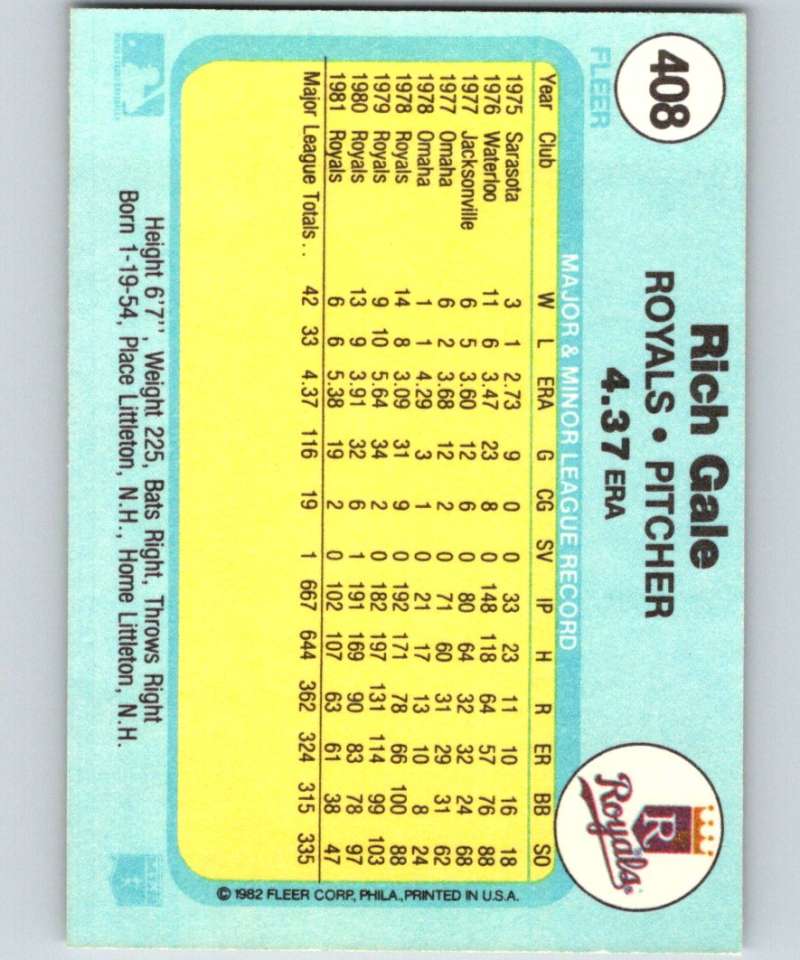 1982 Fleer #408 Rich Gale Royals Image 2