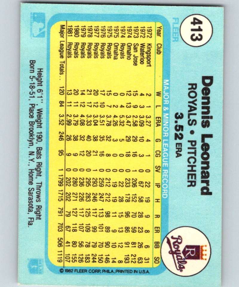 1982 Fleer #413 Dennis Leonard Royals Image 2