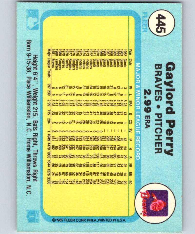 1982 Fleer #445 Gaylord Perry Braves Image 2