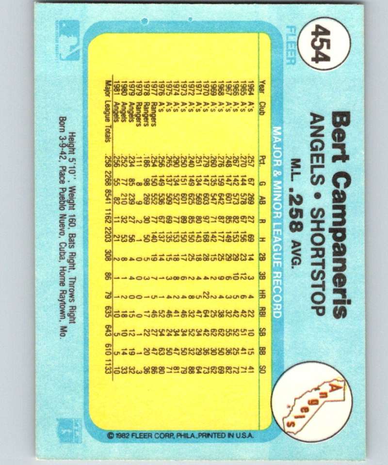 1982 Fleer #454 Bert Campaneris Angels Image 2