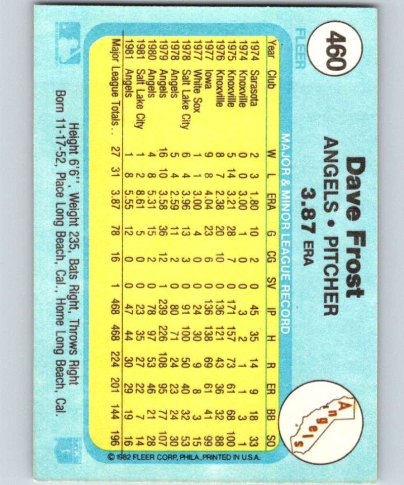 1982 Fleer #460 Dave Frost Angels Image 2