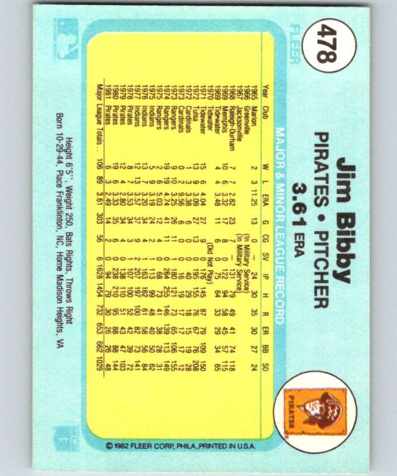 1982 Fleer #478 Jim Bibby Pirates Image 2