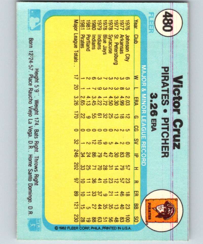 1982 Fleer #480 Victor Cruz Pirates Image 2