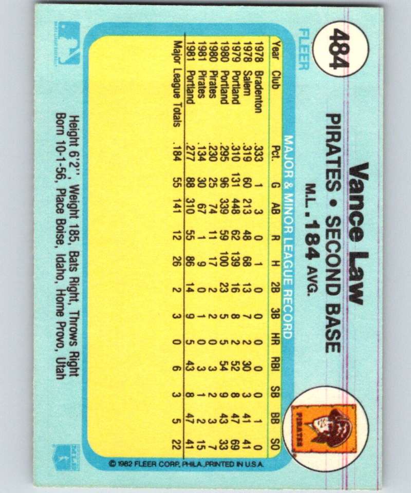 1982 Fleer #484 Vance Law Pirates