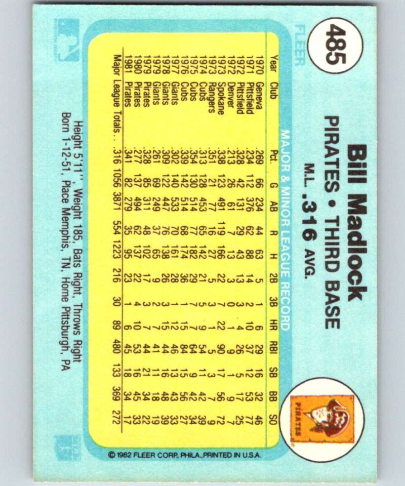 1982 Fleer #485 Bill Madlock Pirates