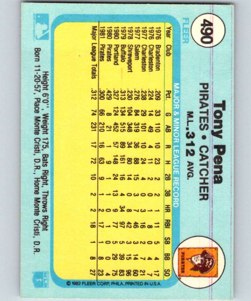 1982 Fleer #490 Tony Pena Pirates