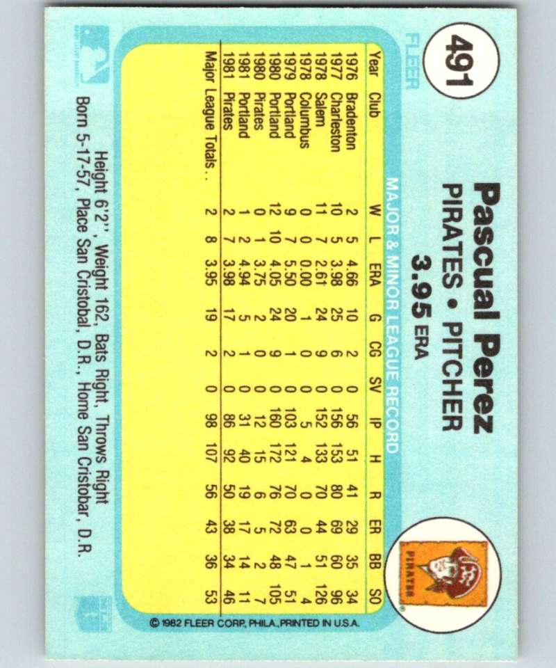 1982 Fleer #491 Pascual Perez Pirates Image 2