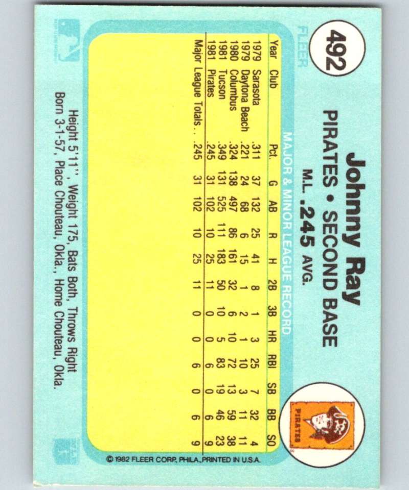 1982 Fleer #492 Johnny Ray RC Rookie Pirates
