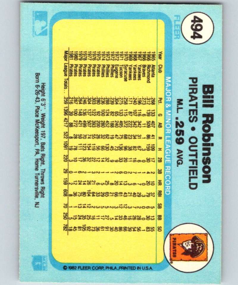 1982 Fleer #494 Bill Robinson Pirates Image 2