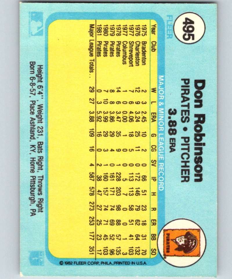 1982 Fleer #495 Don Robinson Pirates Image 2