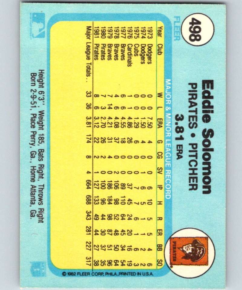 1982 Fleer #498 Eddie Solomon Pirates Image 2