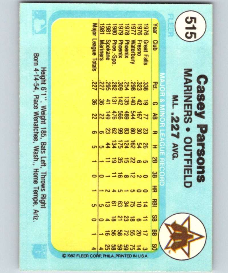 1982 Fleer #515 Casey Parsons Mariners Image 2
