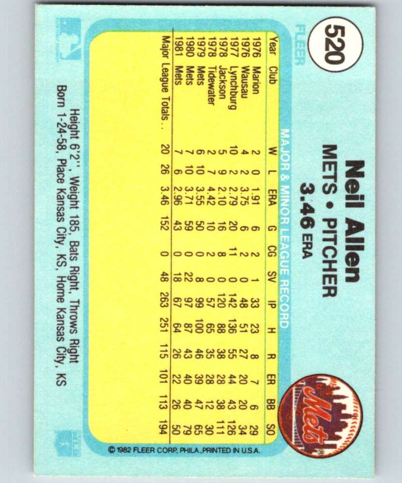 1982 Fleer #520 Neil Allen Mets