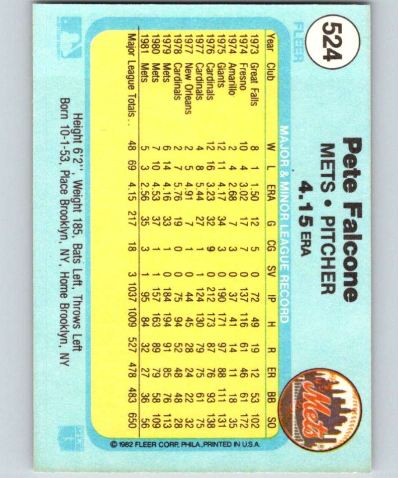 1982 Fleer #524 Pete Falcone Mets