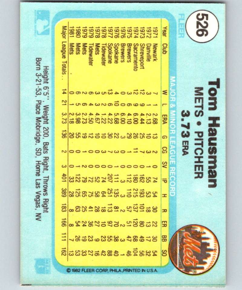 1982 Fleer #526 Tom Hausman Mets Image 2