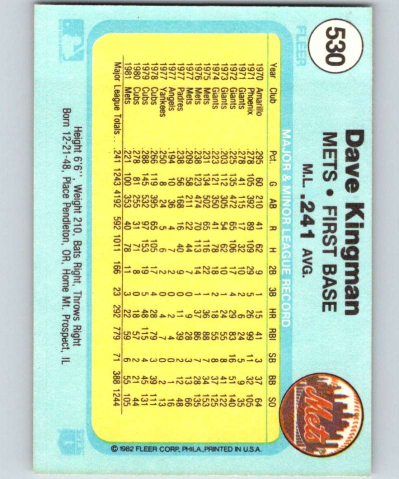 1982 Fleer #530 Dave Kingman Mets Image 2