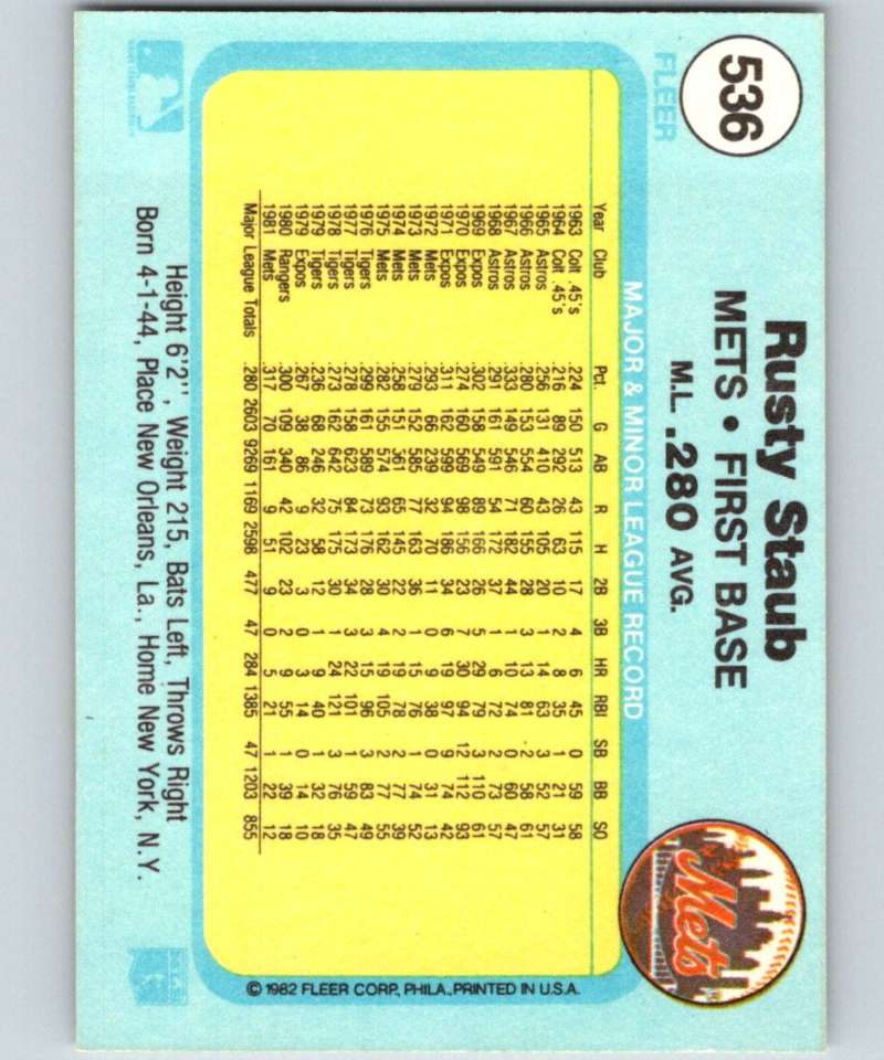 1982 Fleer #536 Rusty Staub Mets