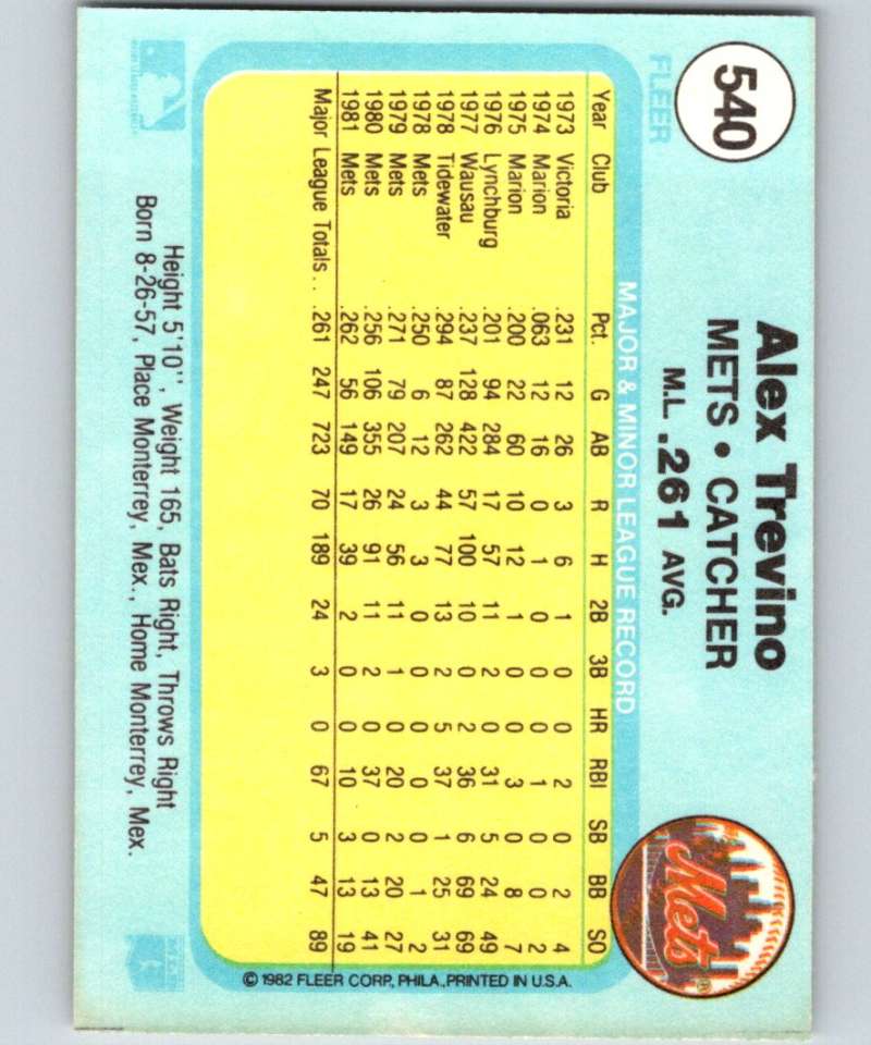 1982 Fleer #540 Alex Trevino Mets Image 2