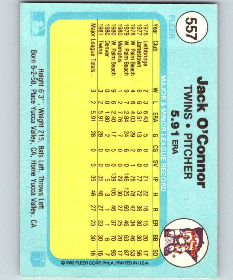 1982 Fleer #557 Jack O'Connor RC Rookie Twins Image 2