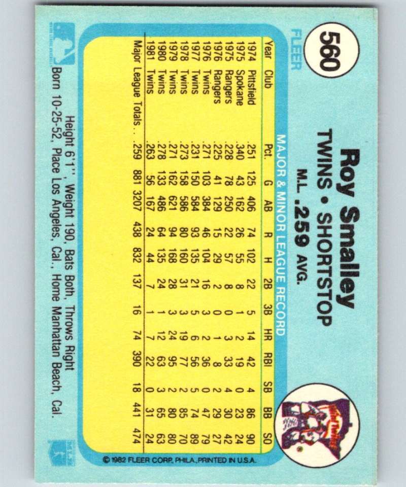 1982 Fleer #560 Roy Smalley Twins Image 2