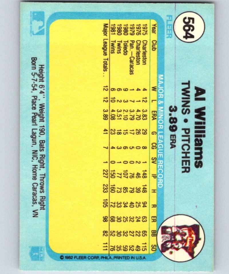 1982 Fleer #564 Al Williams Twins Image 2