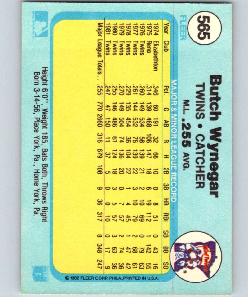 1982 Fleer #565 Butch Wynegar Twins Image 2