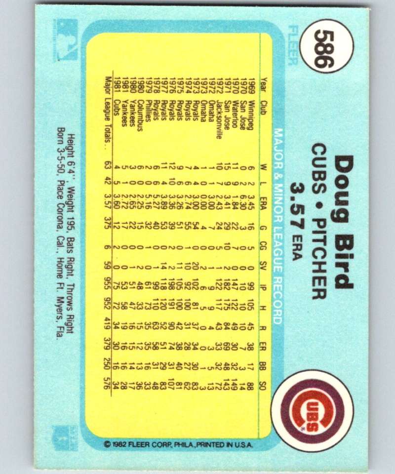 1982 Fleer #586 Doug Bird Cubs Image 2