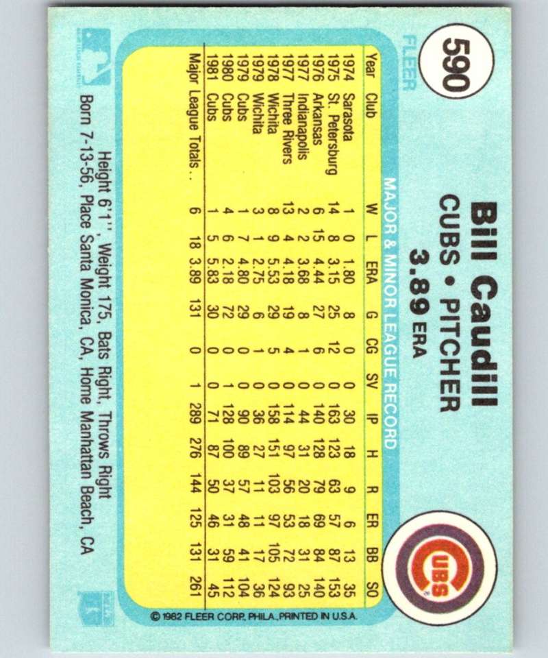 1982 Fleer #590 Bill Caudill Cubs Image 2