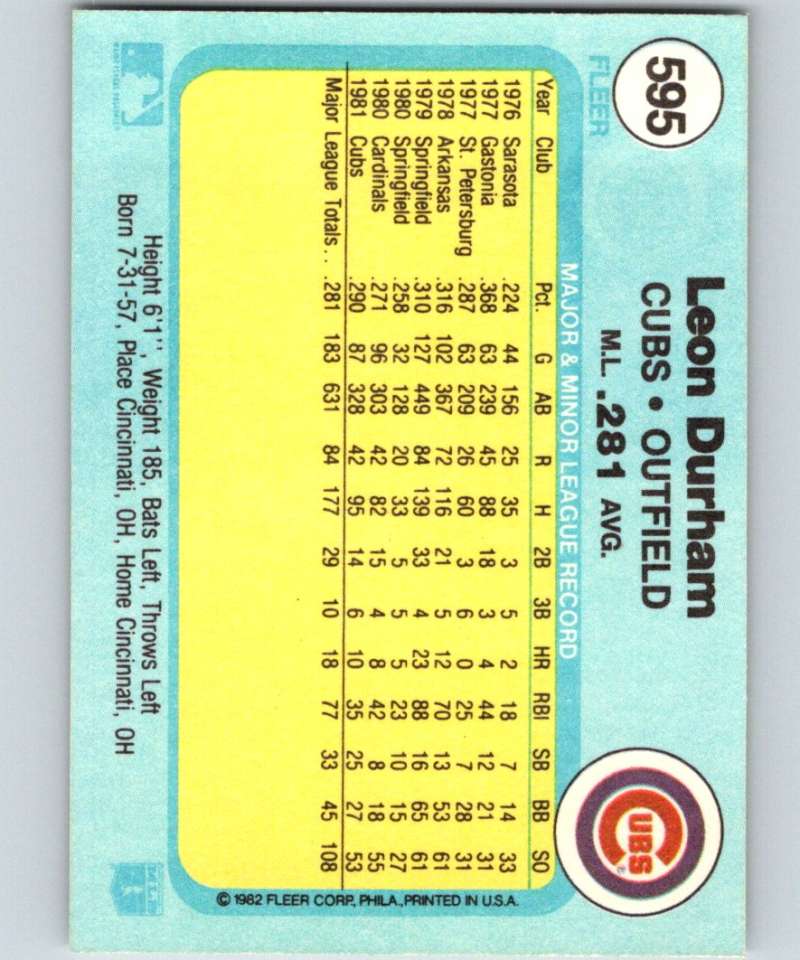 1982 Fleer #595 Leon Durham Cubs Image 2