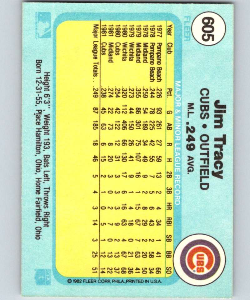 1982 Fleer #605 Jim Tracy Cubs Image 2