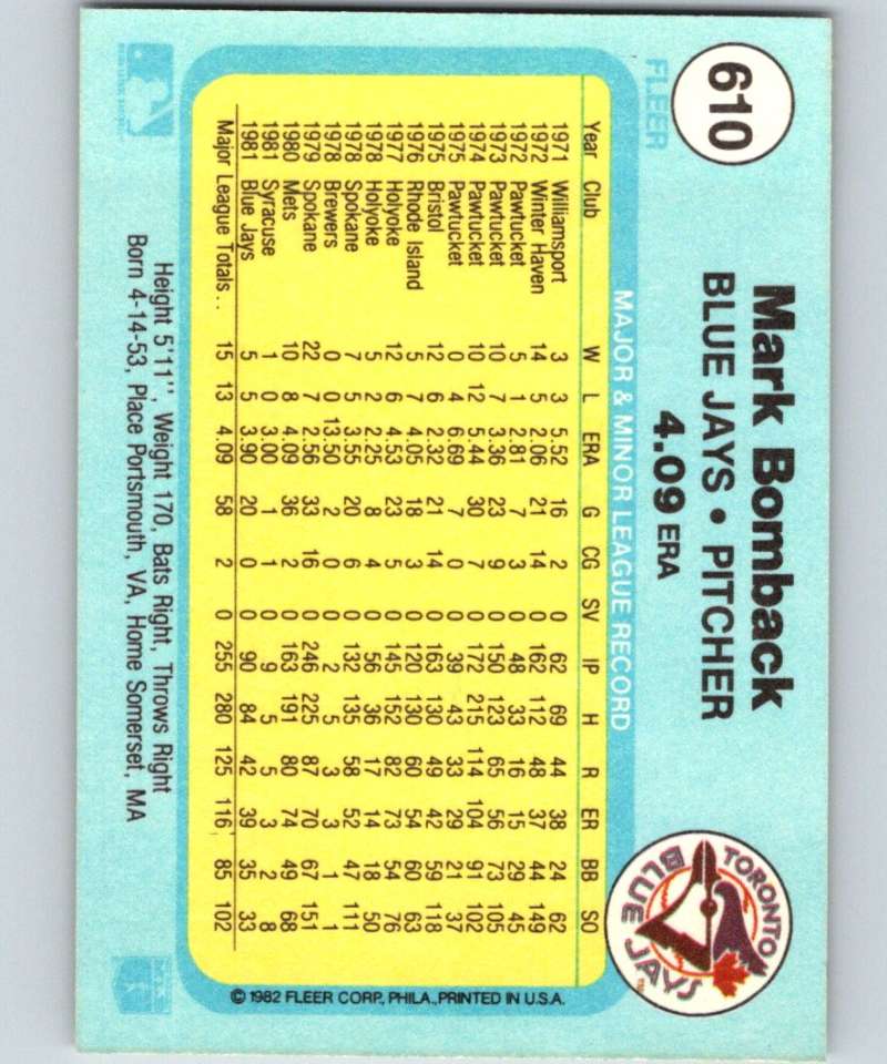 1982 Fleer #610 Mark Bomback Blue Jays Image 2