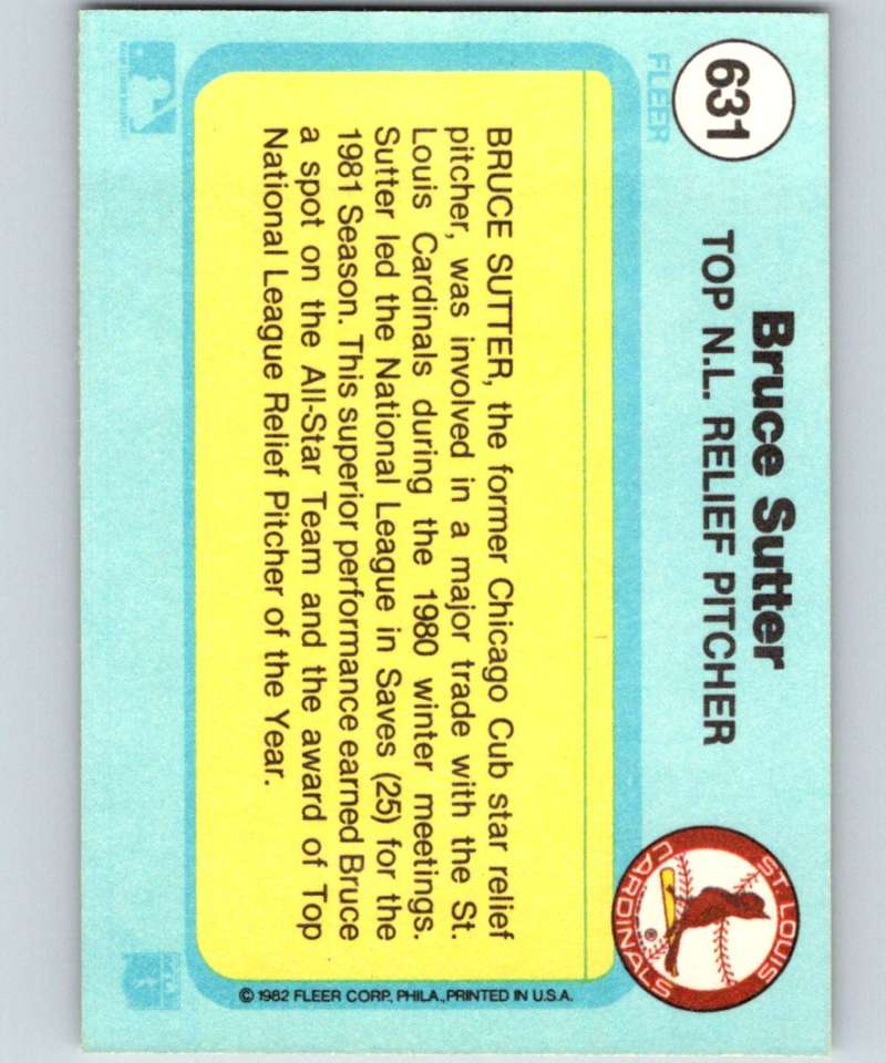 1982 Fleer #631 Bruce Sutter Cardinals Top NL Relief Pitcher Image 2