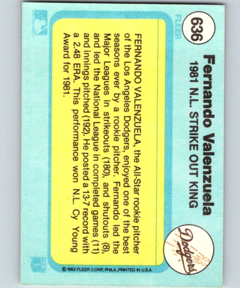 1982 Fleer #636 Fernando Valenzuela Dodgers IA
