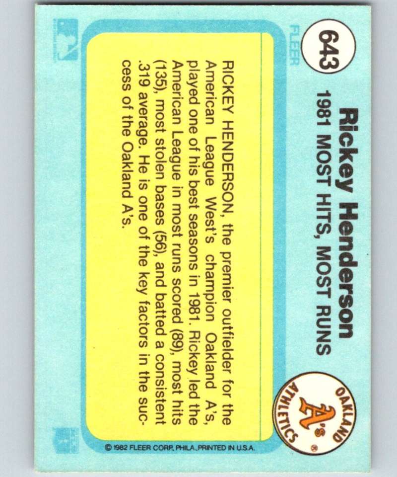 1982 Fleer #643 Rickey Henderson Athletics IA