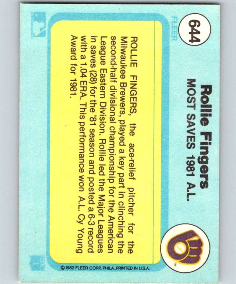 1982 Fleer #644 Rollie Fingers Brewers Most Saves