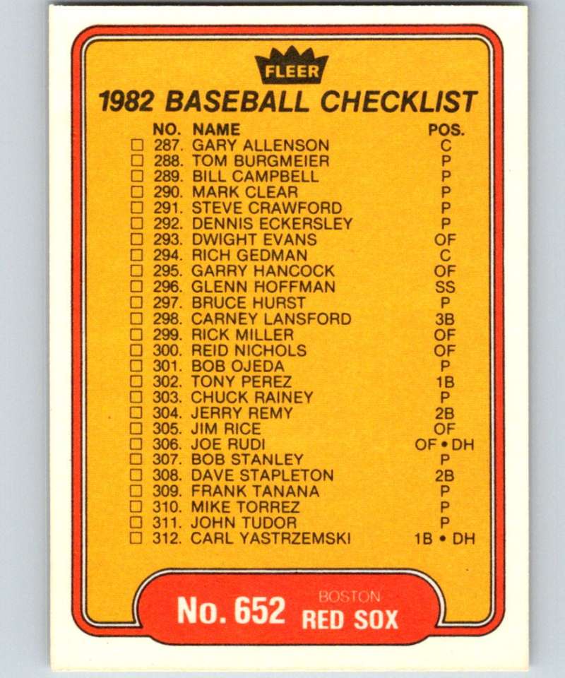 1982 Fleer #652 Checklist: Tigers/Red Sox Image 2