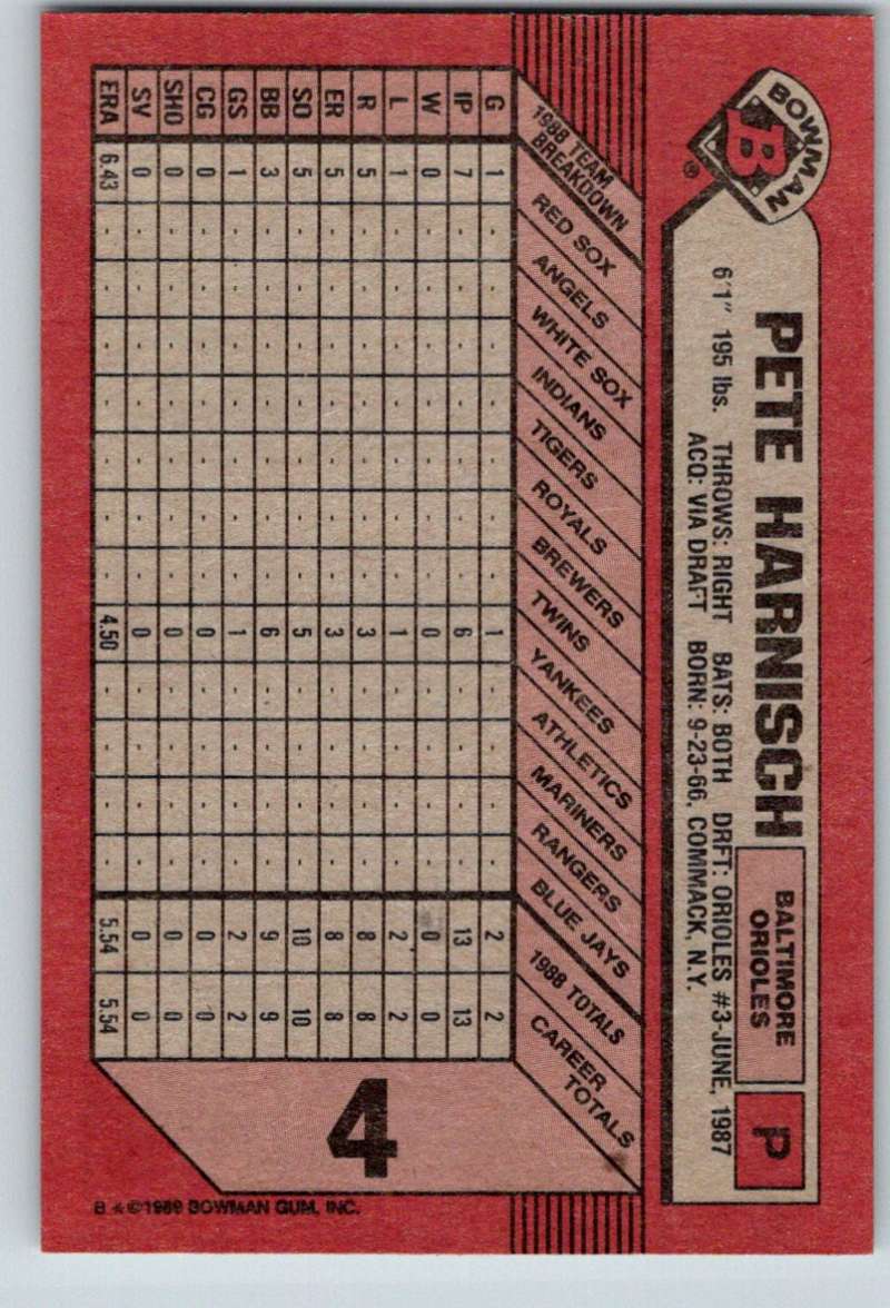 1989 Bowman #4 Pete Harnisch RC Rookie Orioles MLB Baseball Image 2