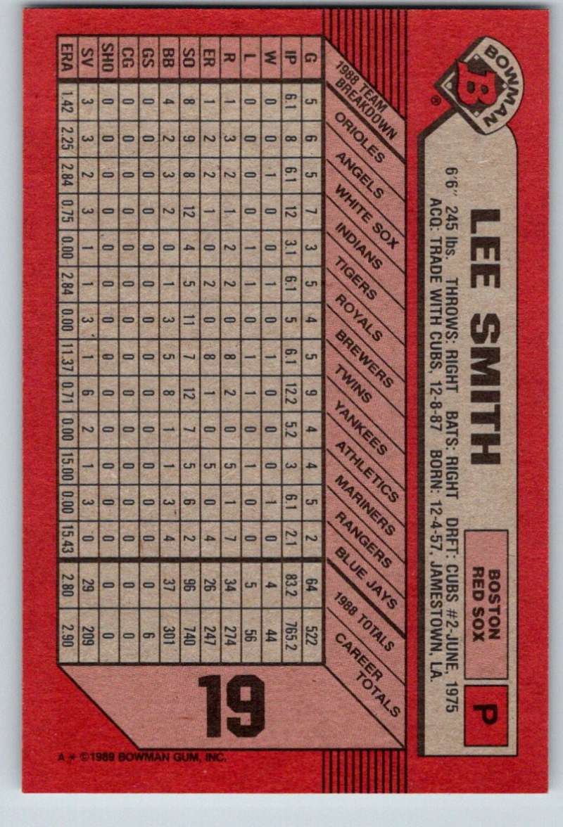 1989 Bowman #19 Lee Smith Red Sox MLB Baseball
