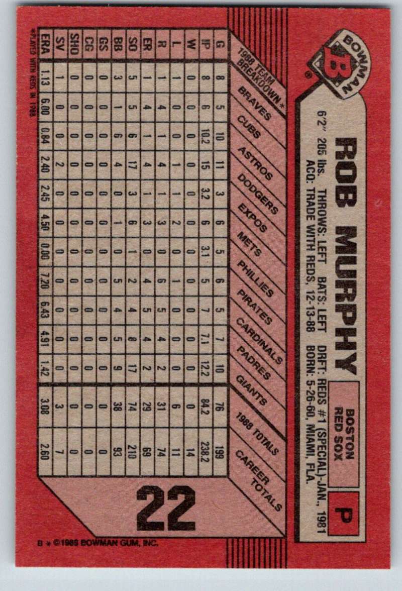 1989 Bowman #22 Rob Murphy Red Sox MLB Baseball Image 2