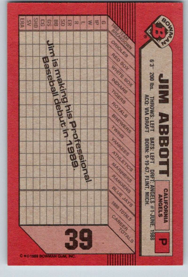 1989 Bowman #39 Jim Abbott RC Rookie Angels MLB Baseball Image 2