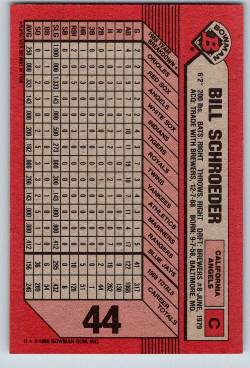 1989 Bowman #44 Bill Schroeder Angels MLB Baseball