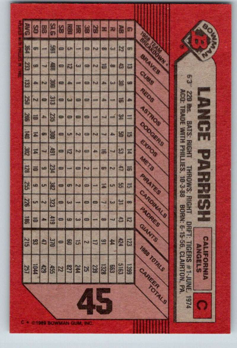 1989 Bowman #45 Lance Parrish Angels MLB Baseball Image 2