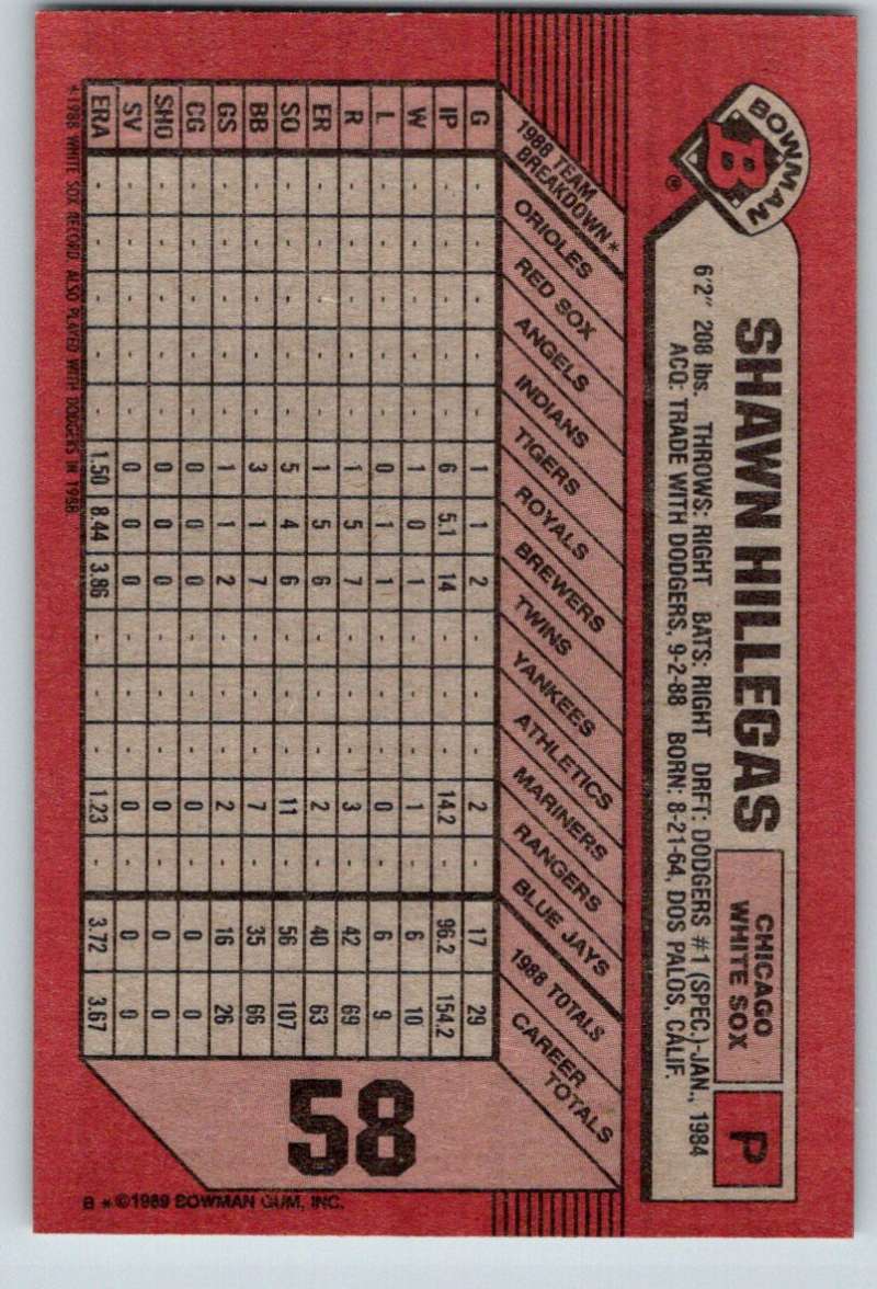 1989 Bowman #58 Shawn Hillegas White Sox MLB Baseball Image 2
