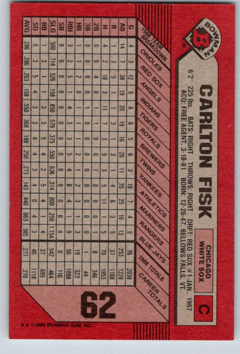 1989 Bowman #62 Carlton Fisk White Sox MLB Baseball Image 2