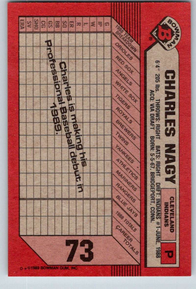 1989 Bowman #73 Charles Nagy RC Rookie Indians MLB Baseball Image 2