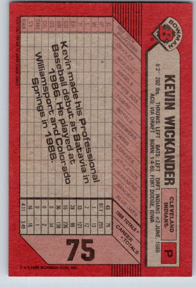 1989 Bowman #75 Kevin Wickander Indians MLB Baseball Image 2
