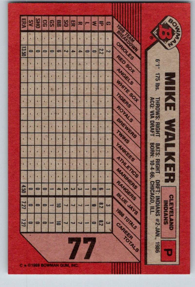 1989 Bowman #77 Mike Walker Indians MLB Baseball Image 2