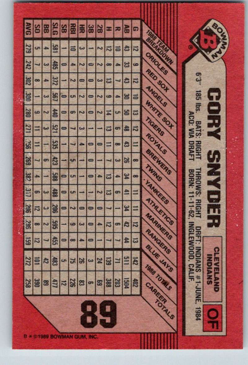 1989 Bowman #89 Cory Snyder Indians MLB Baseball Image 2