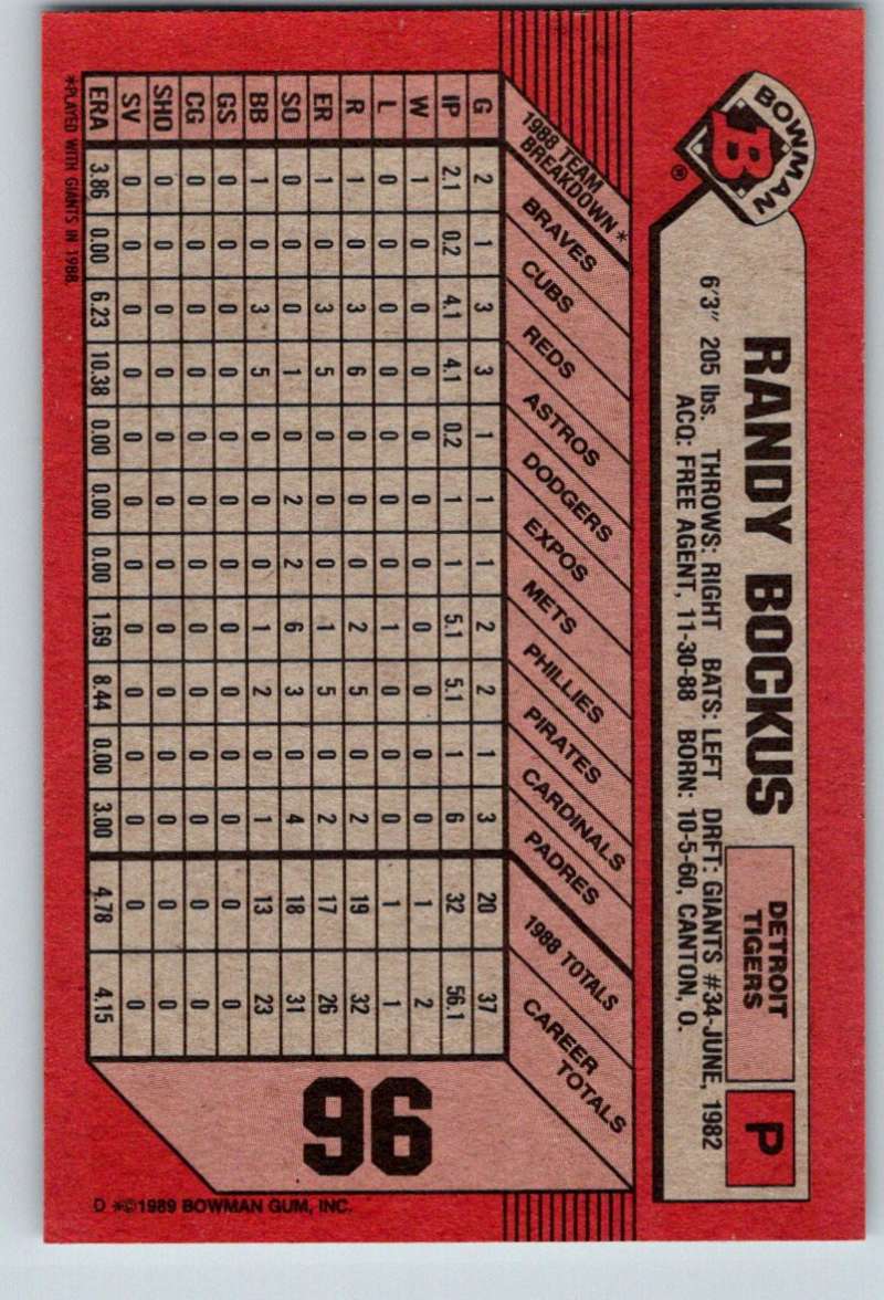 1989 Bowman #96 Randy Bockus Tigers MLB Baseball Image 2