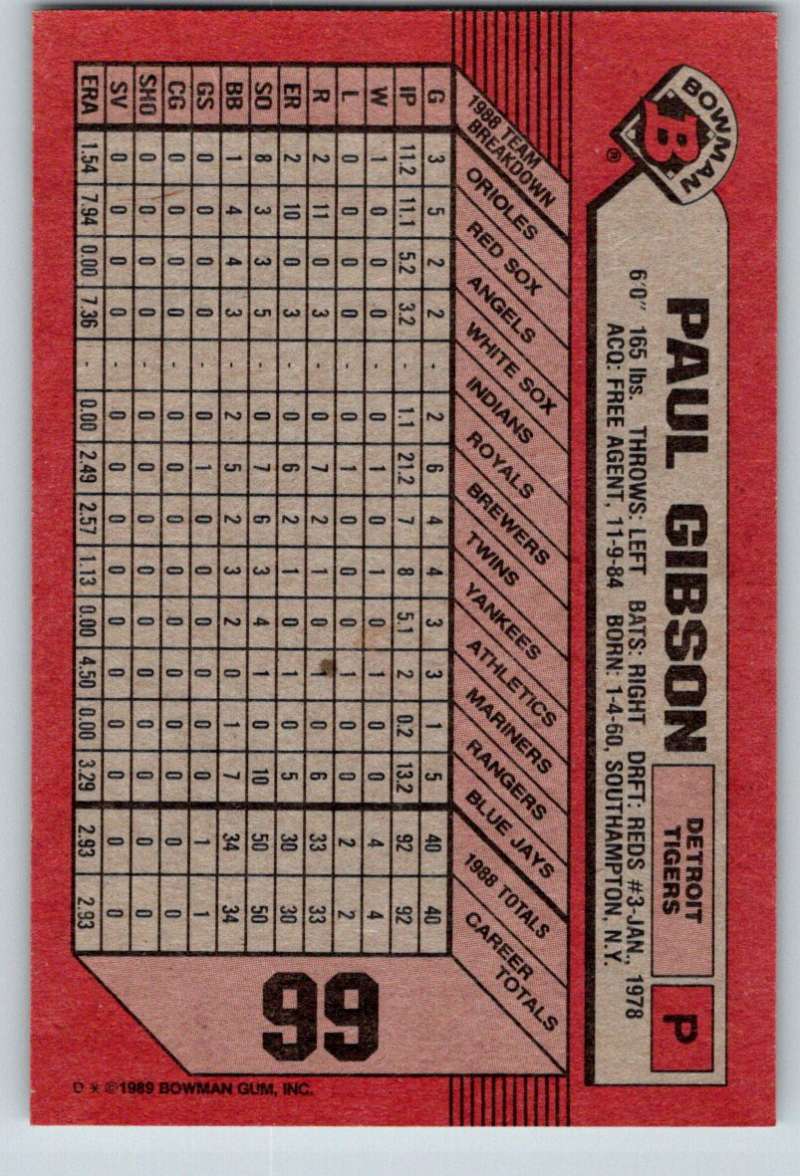 1989 Bowman #99 Paul Gibson Tigers MLB Baseball Image 2